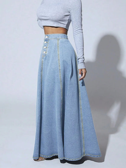 Denim Skirts Women Long Skirt A Line Single Breasted High Waist Jeans Vintage Maxi Simple Casual Elegant Splice Y2k Streetwear