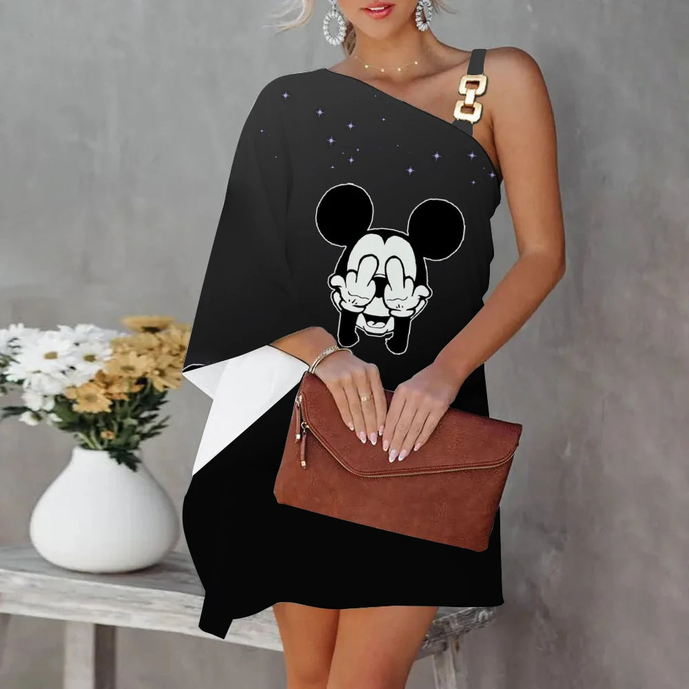 Disney Diagonal Collar One-Shoulder Party Dresses Minnie Mouse Dress Mickey Elegant Dresses for Women Evening Luxury Sexy Collar