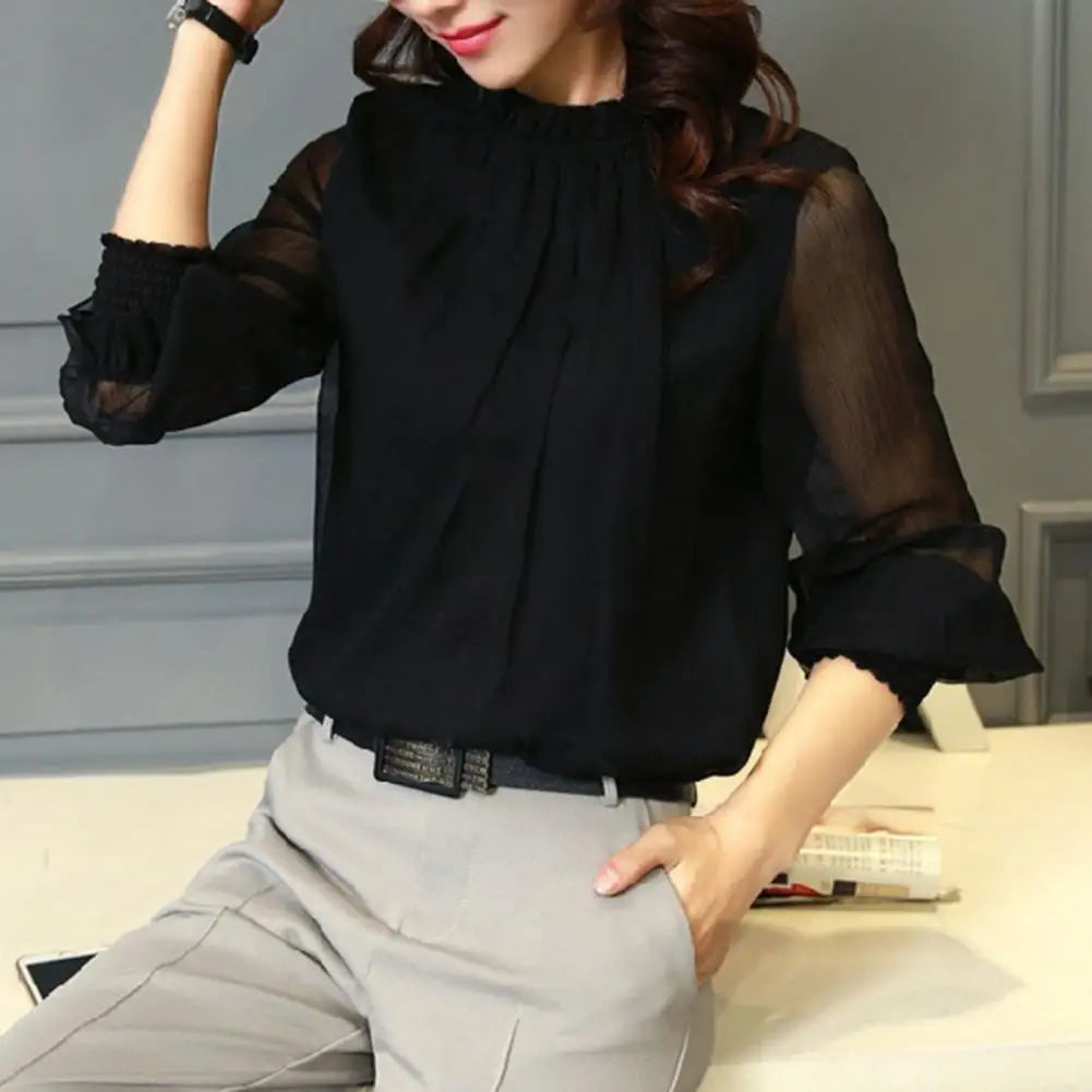 Perspective Net Mesh Sleeve Office Shirt Top Elastic Cuffs Women Shirt Elegant Ruffle Collar Blouse Solid Color Chiffon Shirt