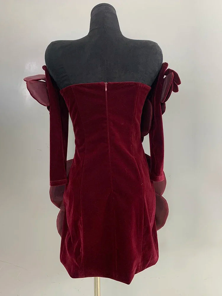 Solid Patchwork Appliques Sexy Mini Dresses For Women Strapless Long Sleeve Slimming Evening Party Dresses Female