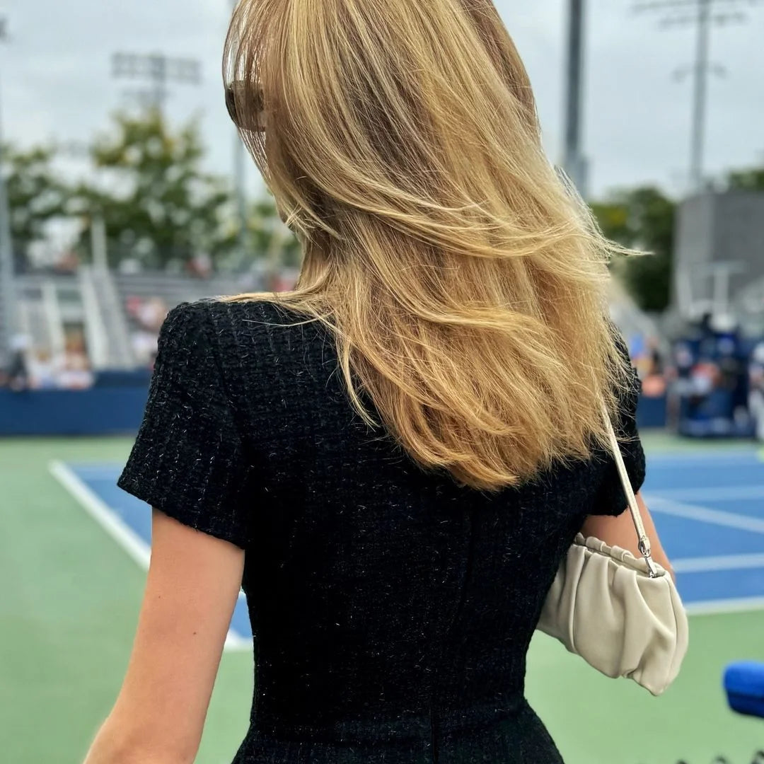 White Shoulder Pad Short Sleeve Party Dress Women's Elegant Tweed A-line O-neck Patchwork Luxury Black Evening Dresses Birthday