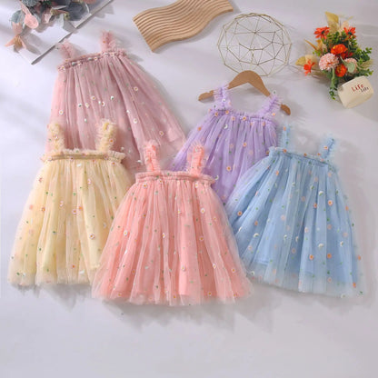 Hot New Baby Girl clothes High Quality Flower Embroidery Halter Mesh Little Girls Dress Cute Baby Dress Sweet Princess Frock