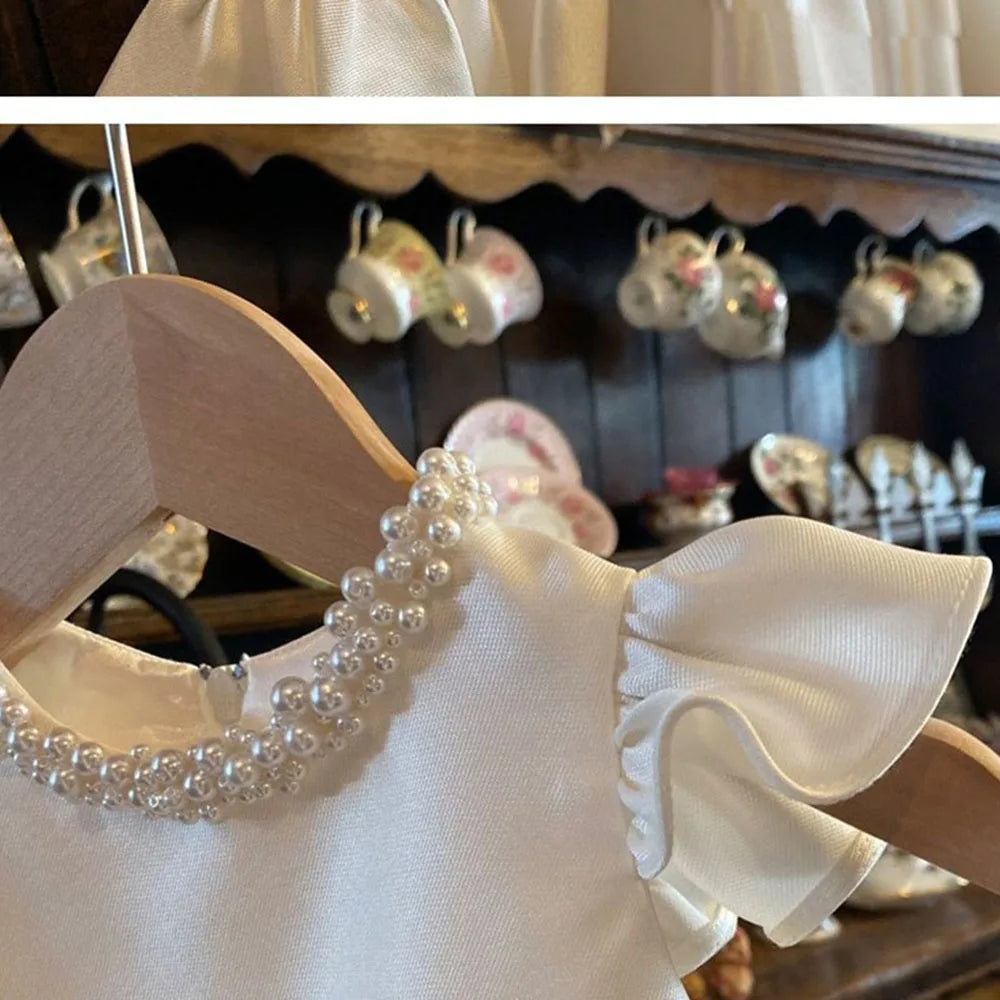 HETISO Baby Dresses for Wedding Pearl Necklace Girl Kid's Dress White Toddler Clothes Elegant Birthday Gown 1-8 Years
