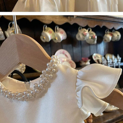 HETISO Baby Dresses for Wedding Pearl Necklace Girl Kid's Dress White Toddler Clothes Elegant Birthday Gown 1-8 Years