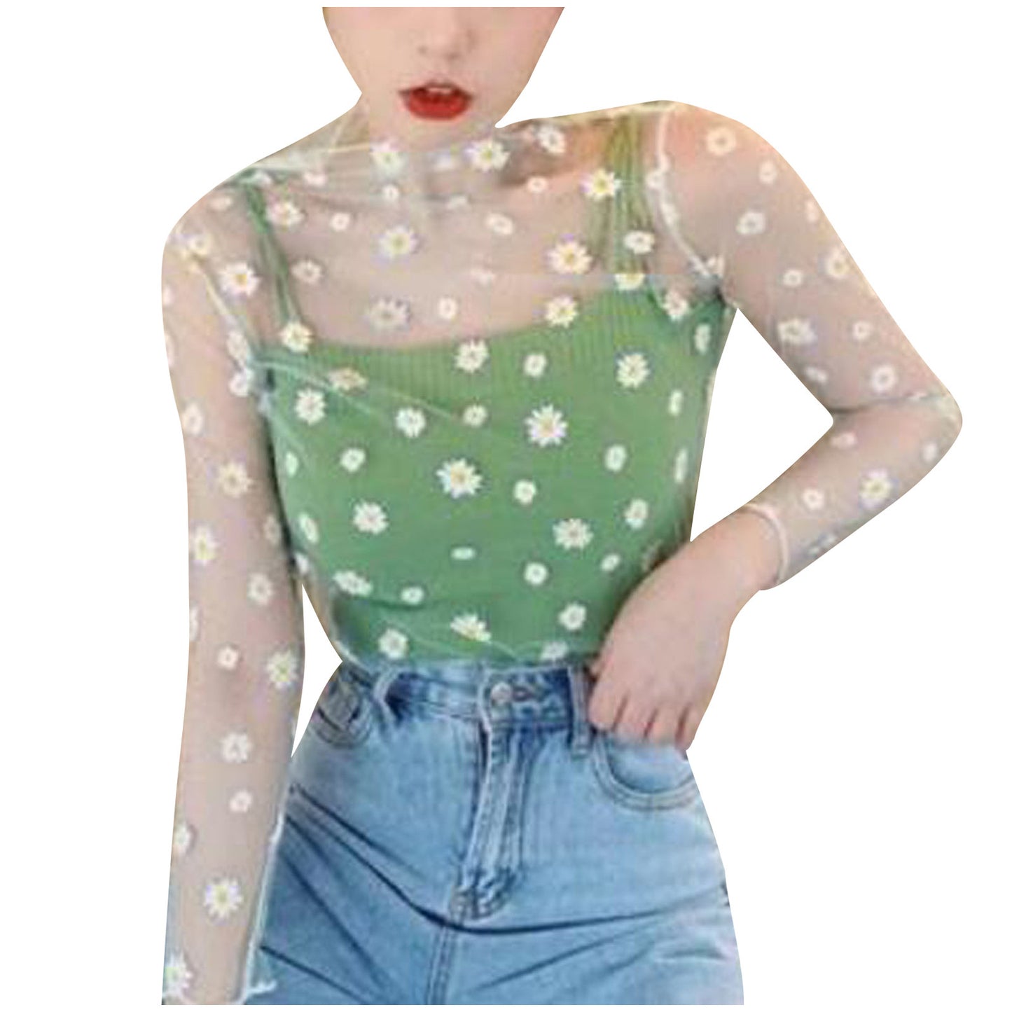 Women Daisy Flower Print Mesh Tops Long Sleeve Sheer Transparent Fishnet T Shirt Fashion Summer Sunscreen Tee 2025