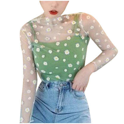 Women Daisy Flower Print Mesh Tops Long Sleeve Sheer Transparent Fishnet T Shirt Fashion Summer Sunscreen Tee 2025