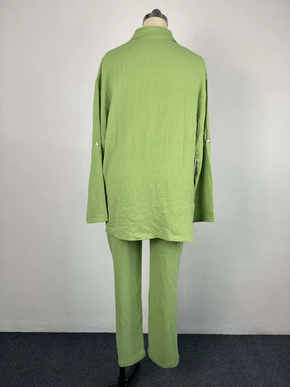 Summer outfits for women 2025 New Loose Button Long Sleeve Shirt and Cropped Pants Casual Sports Summer women's suit Pants Set