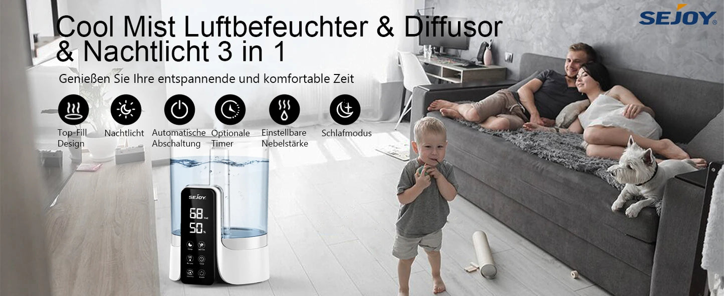 SEJOY Humidifier for Bedrooms, Large Rooms and Babies, Ultrasonic Cool Mist Top Fill Desk Humidifier Rotating Nozzle Silent
