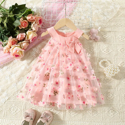 (0-3 Years Old) Summer Mesh All Over Flower Bow Baby Girl Dress Cute Sleeveless Girl Princess Dress