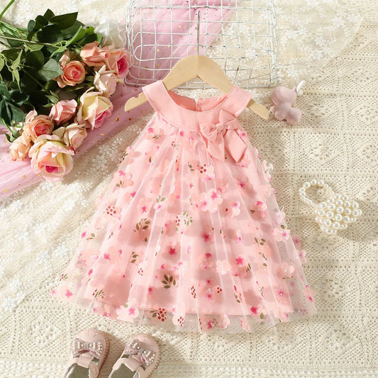 (0-3 Years Old) Summer Mesh All Over Flower Bow Baby Girl Dress Cute Sleeveless Girl Princess Dress