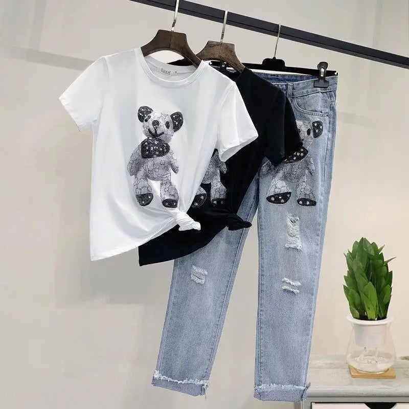 Cartoon Print Short Sleeve T-shirt Perforated Jeans Two Piece Elegant Women's Pants Set Summer Outfit Leisure Sports Suit