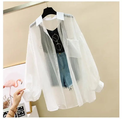 Shirts Women Sheer Thin Chic Summer Simple Solid Sun-proof Temper Fashion Baggy All-match Basic Korean Style Clothes