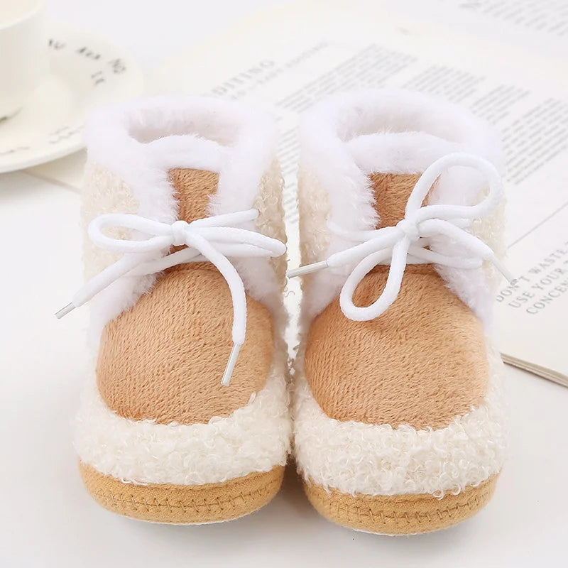 Korean Style Patchwork Plush Baby Shoes - Soft Sole, Cotton Padded, Lace-up Snow Boots for Adorable Boys and Girls 0-18M