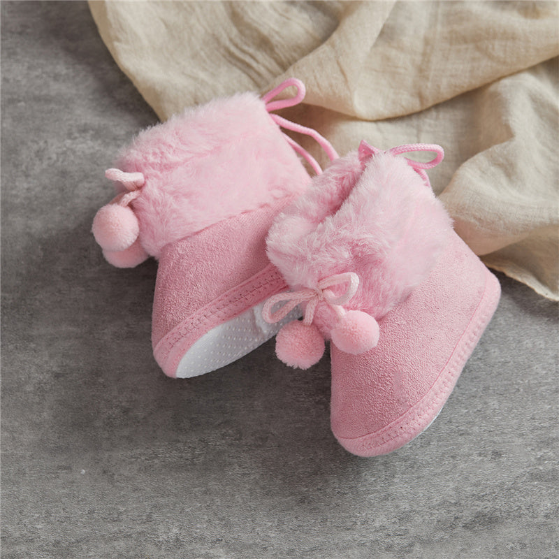Suefunskry Toddler Baby Girls Boys Boots Winter Warm Soft Sole Fluffy Lace up Boots Cute Plush Pom Decoration Non Slip Shoes