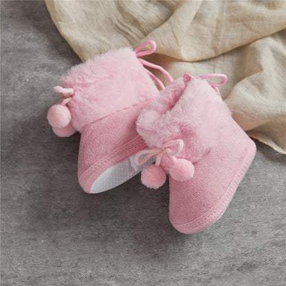 Suefunskry Toddler Baby Girls Boys Boots Winter Warm Soft Sole Fluffy Lace up Boots Cute Plush Pom Decoration Non Slip Shoes