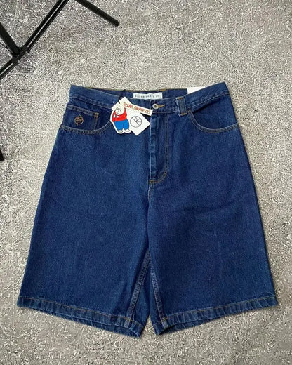 Hip Hop Gothic Cartoon Embroidery Streetwear Polar Big Boy Shorts Y2K Men's Women's Oversized Retro Blue Baggy Denim Gym Shorts