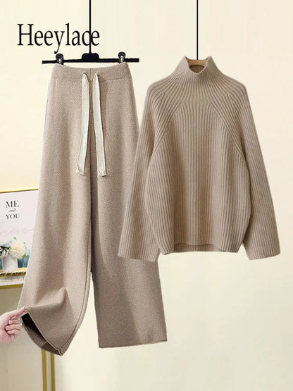 Winter Warm Knit wears Sets For Women Turtleneck Long Sleeve Pullover Sweater+ high Waist Wide Leg Drawstring Knitted Pants Sets