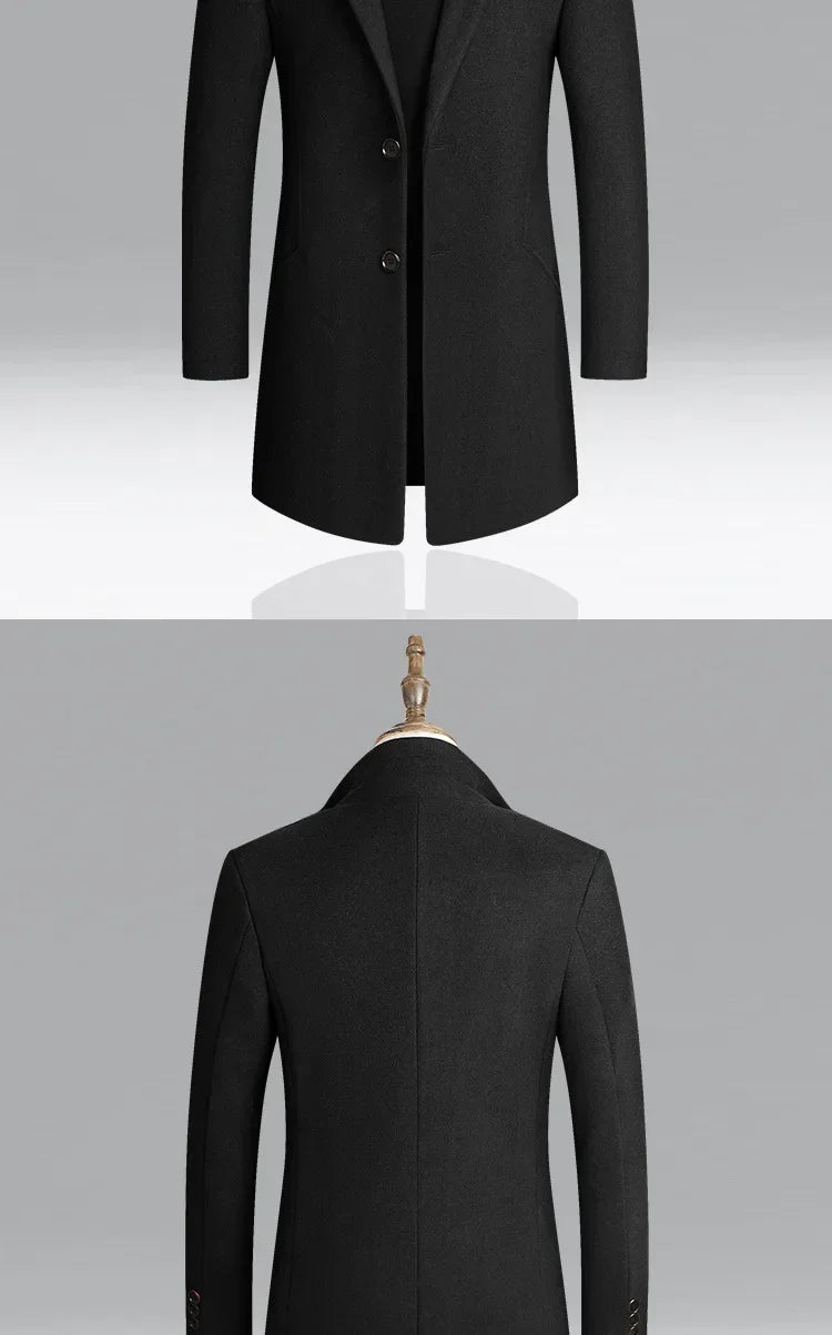 Men's Autumn Winter Long Woolen Coats Men's Business Office Casual Slim Solid Wool Windbreaker Thicken Warm Trench Jacket