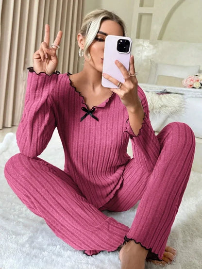 Women Autumn Winter Sleepwear Ribbed Pajamas Set Long Sleeve Top and Long Pants 2 Piece Set Casual Home wear Loungewear