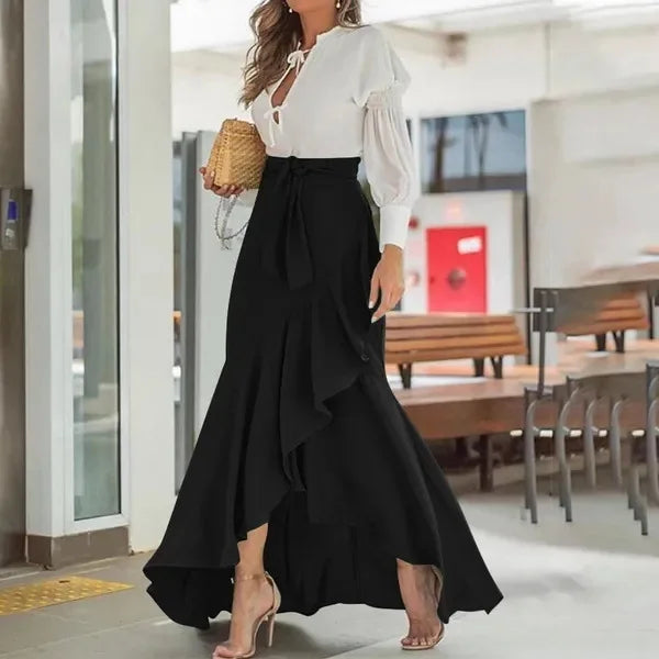 Spring Autumn Women Long Skirt High Waist Lace-up Ruffle Trim Plaid Print Bow Tie Irregular Hem Maxi Skirt Female 2025 New