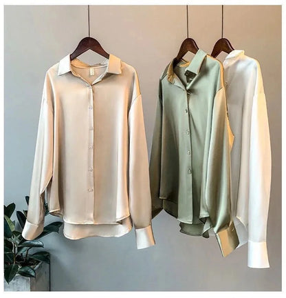 Spring Fashion Button Satin Silk Shirt Hong Kong Style Retro Shirt Women's White Top Women's Long sleeved Women's Loose Street