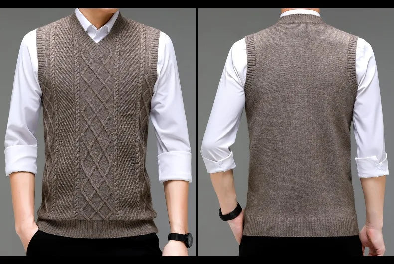 Stylish V-neck Jacquard Knit Sleeveless Sweater Vest for Men Middle-aged Men Fashion Solid Color Warm Top