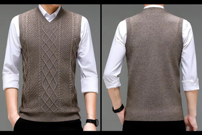 Stylish V-neck Jacquard Knit Sleeveless Sweater Vest for Men Middle-aged Men Fashion Solid Color Warm Top