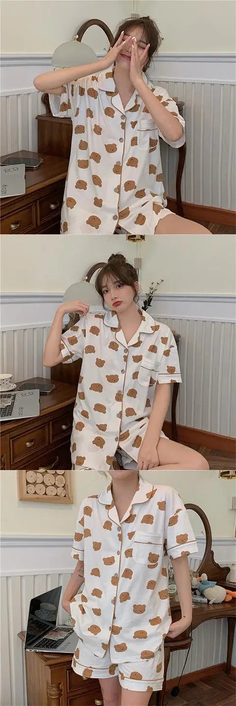 New Women Sleepwear Cartoon Pajamas Female Short  Pants Short Sleeved Summer Spring Loungewear Fashion Home Clothing Home wear