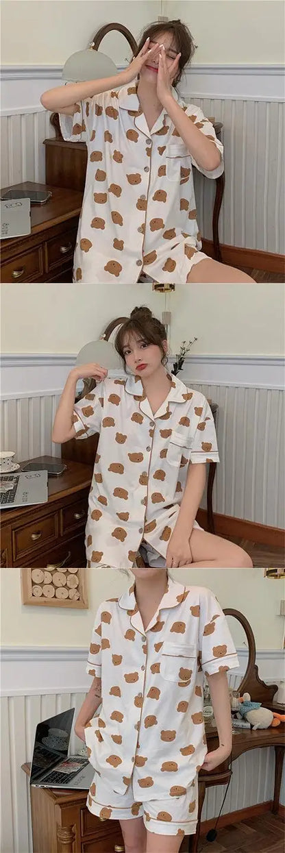 New Women Sleepwear Cartoon Pajamas Female Short  Pants Short Sleeved Summer Spring Loungewear Fashion Home Clothing Home wear