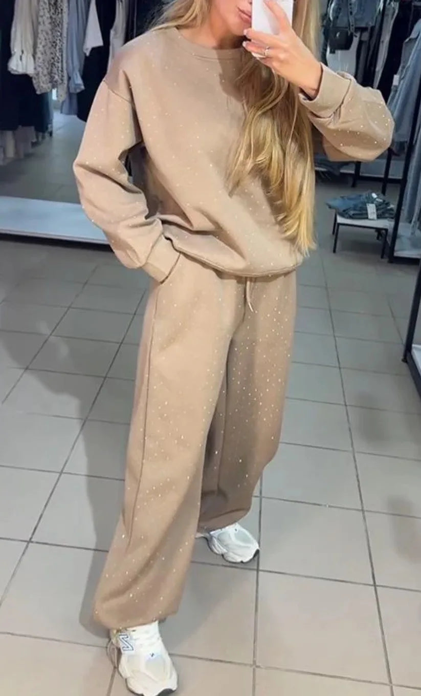 Women's Pants Suit Autumn New O-neck Hot Diamond Long-sleeved T-shirt Drawstring Sweatpants Fashionable Ladies 2-piece Sets