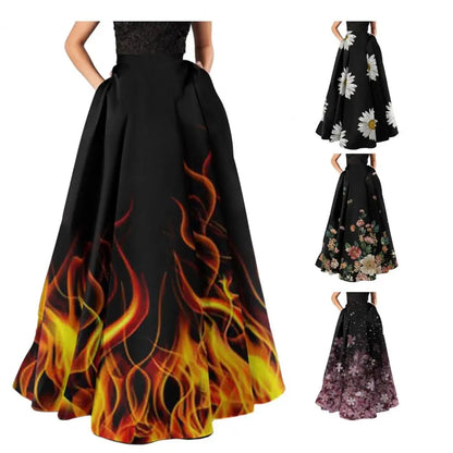 Women High-waisted Long Skirt Flower Printed Skirt for Women Elegant A-line Big Swing Zipper Bohemian Party Prom Maxi Skirt