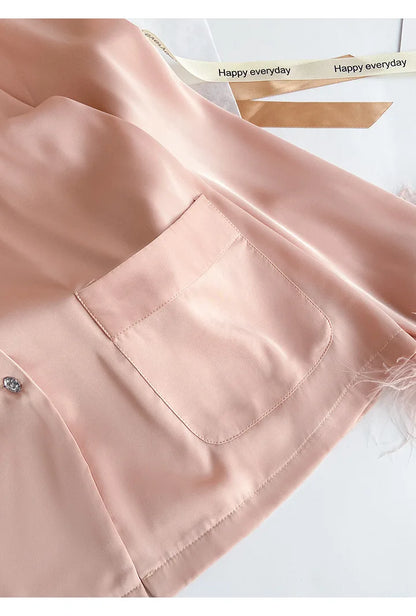 Spring Autumn Female Pajamas Trouser Set Luxury Feather Pink Bride Wedding Sleep wear Gift Sexy Loose Satin Home Wear Lounge wear