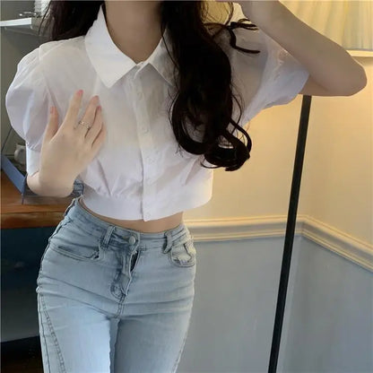 Korean Fashion Women's Shirt Summer Elegant Youth Blouses Clothes Preppy Puff Sleeve White Shirts Cropped Cute Top 2025