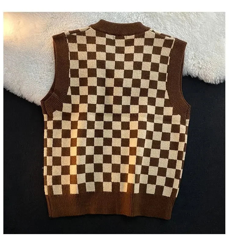 Men's Checkerboard Plaid V-neck Knitted Vest Female Spring Autumn Loose Couple Sweater Coat Sleeveless Vests Casual Tops