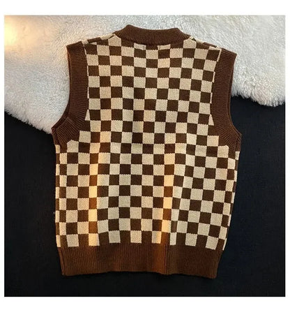 Men's Checkerboard Plaid V-neck Knitted Vest Female Spring Autumn Loose Couple Sweater Coat Sleeveless Vests Casual Tops