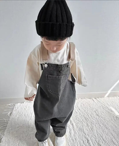 2025 Spring Boy Baby Pocket Overalls Loose Infant Suspenders Jumpsuit Retro Toddler Jeans Kids Casual Pants Girl Cotton Trousers