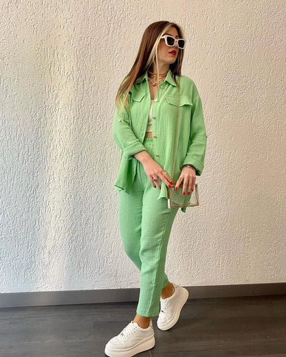 Summer outfits for women 2025 New Loose Button Long Sleeve Shirt and Cropped Pants Casual Sports Summer women's suit Pants Set