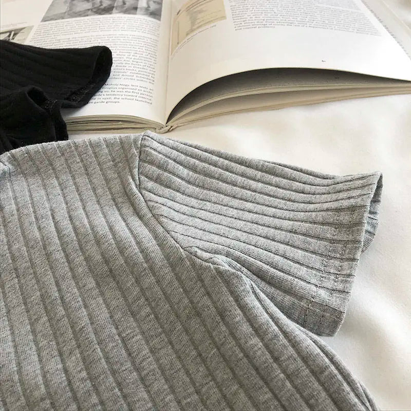 Women Knit School Polo Neck Cropped Shirt Summer Short Sleeve Youthful Solid Color Crop Top Female Basic Blouse Lady Pullover