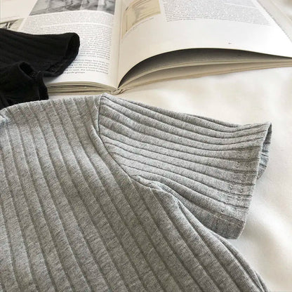 Women Knit School Polo Neck Cropped Shirt Summer Short Sleeve Youthful Solid Color Crop Top Female Basic Blouse Lady Pullover