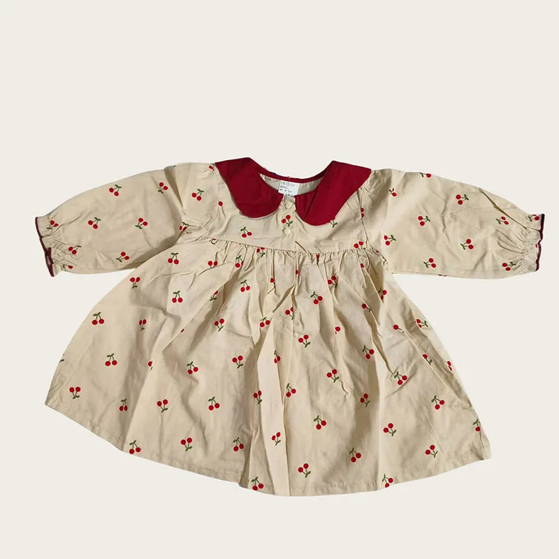 0-2Y Baby Girls Clothes Full Of Cherry Print Baby Dress Long Sleeve Cherry Dresses Ranched Dress with Hat