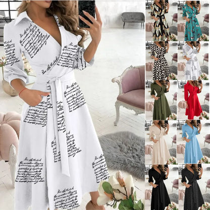 Office Women Casual Sashes A-Line Wrap Summer Dress 2025 Print Long Sleeve V-Neck Dress Pocket Elegant Midi Party Dress Vestidos