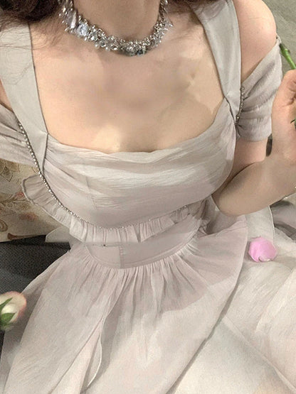 Korean Casual Midi Dress for Women 2025 New Summer Fashion Elegant Off The Shoulder Folds Ruffle Female Clothes Birthday Dress