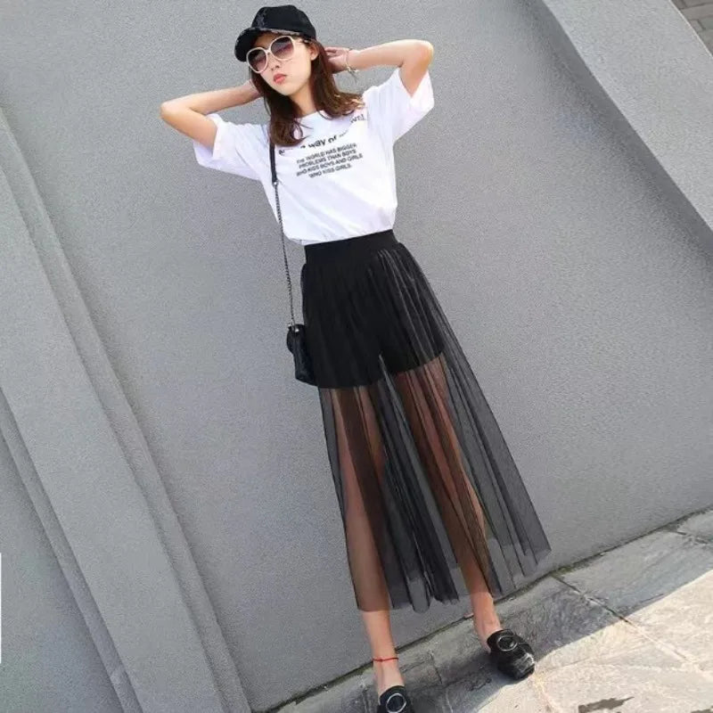 Women's Perspective Mesh Half Skirt Single Layer Long Skirt