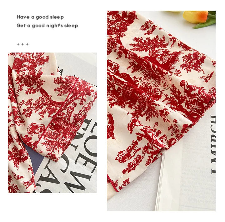 Fashion Print Flower 2PCS Pajamas Set Women Sleepwear Spring Summer Trouser Suits Lounge Wear Loose Satin Home wear Pajamas Suit