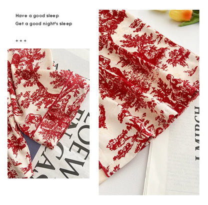 Fashion Print Flower 2PCS Pajamas Set Women Sleepwear Spring Summer Trouser Suits Lounge Wear Loose Satin Home wear Pajamas Suit