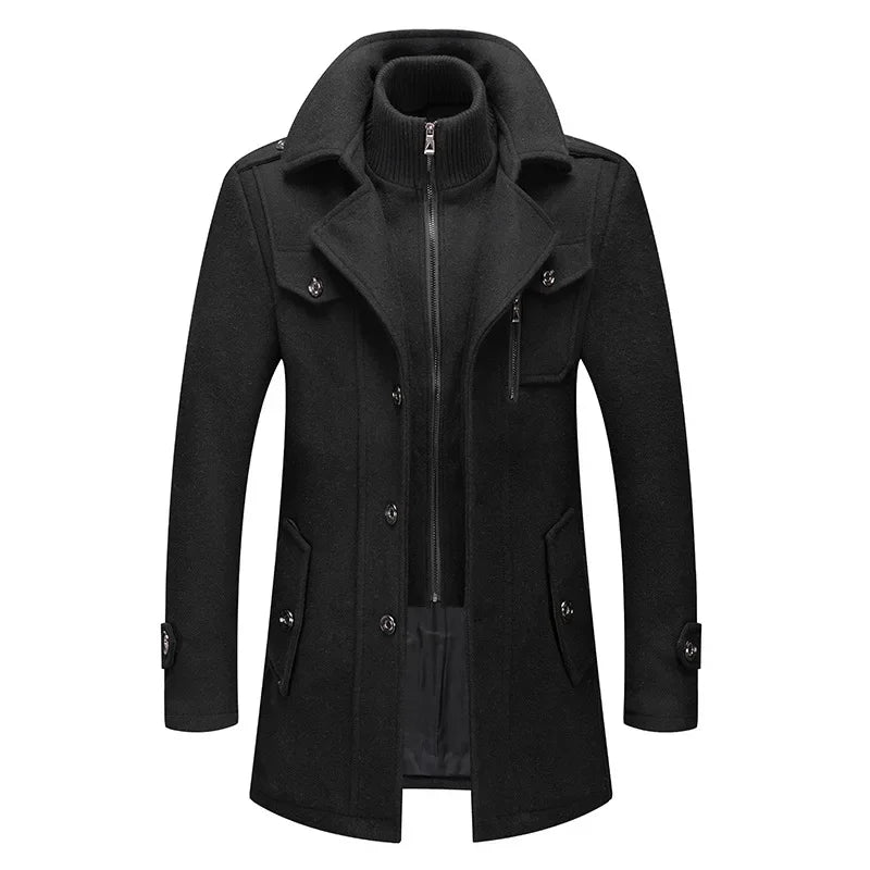 Autumn Winter Men's Woolen Coat Fashion Double Neck Coat Solid Color Long Sleeve Jacket