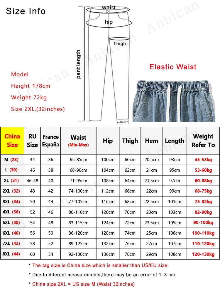 Big Size Men's Jeans 8XL 7XL 6XL String Banding Wide Leg Straight Denim Pants Washed Cotton Casual Baggy Jean Trousers Male