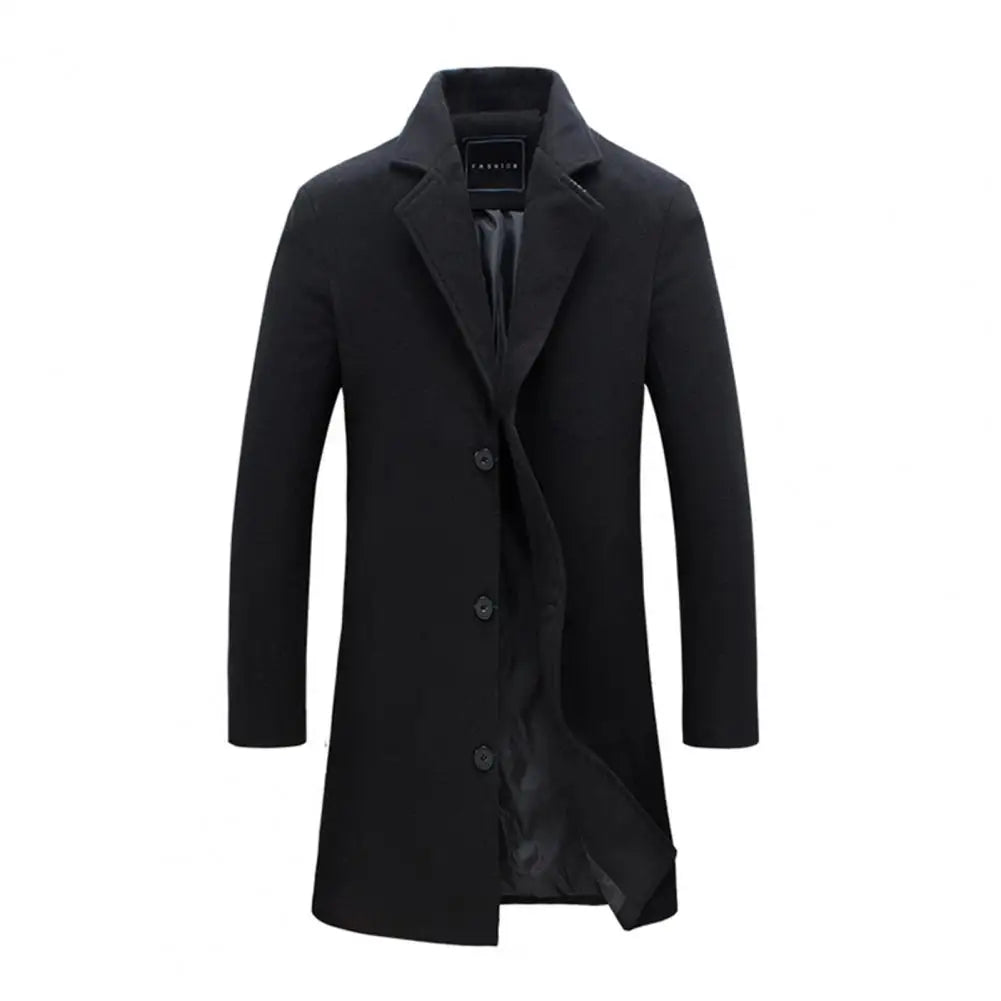 Breathable Woolen Coat Men's Woolen Coat with Formal Suit Collar Solid Color Mid-length Jacket for Office Business Outwear Lapel