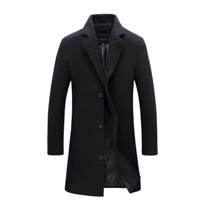 Breathable Woolen Coat Men's Woolen Coat with Formal Suit Collar Solid Color Mid-length Jacket for Office Business Outwear Lapel