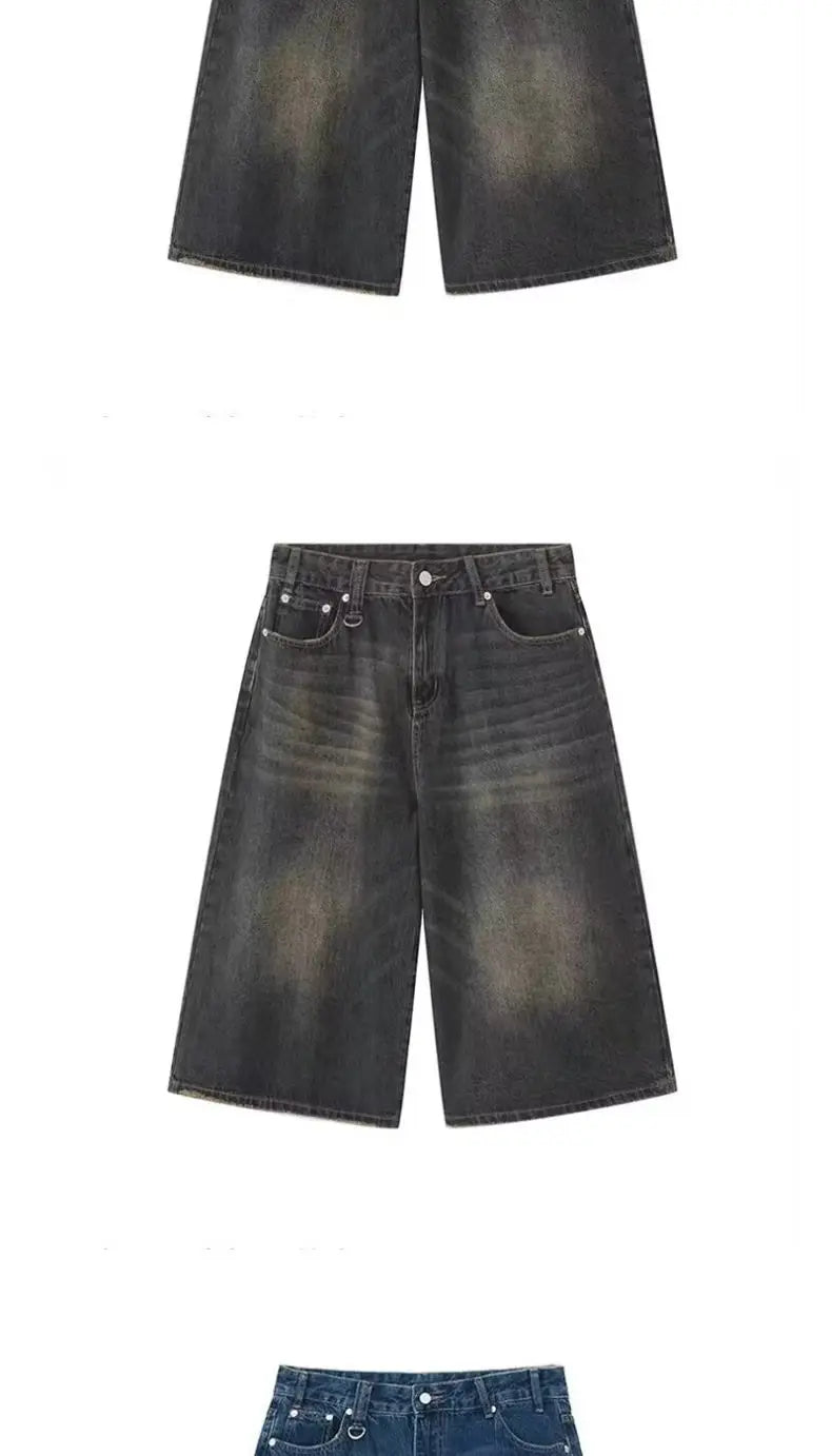 Retro Y2k Baggy  Women Men  Black Jeans Low Waist Casual Wide Pants Frayed Denim Shorts Big Size Clothes